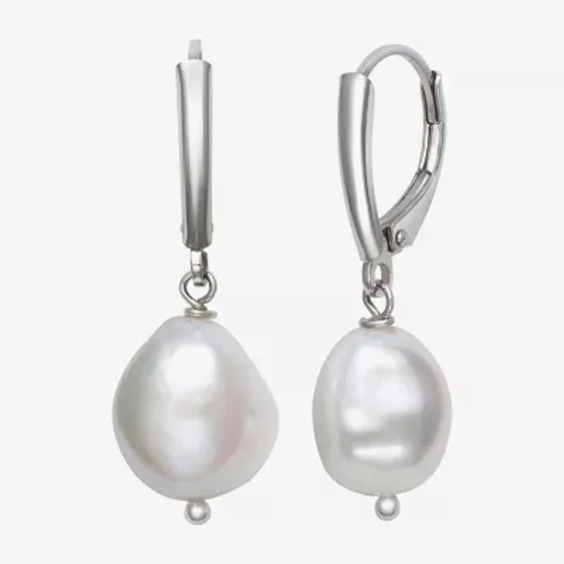 Womens Genuine White Cultured Freshwater Pearl Sterling Silver Drop Earrings