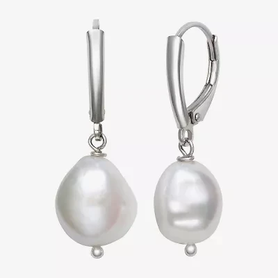 Womens Genuine White Cultured Freshwater Pearl Sterling Silver Drop Earrings