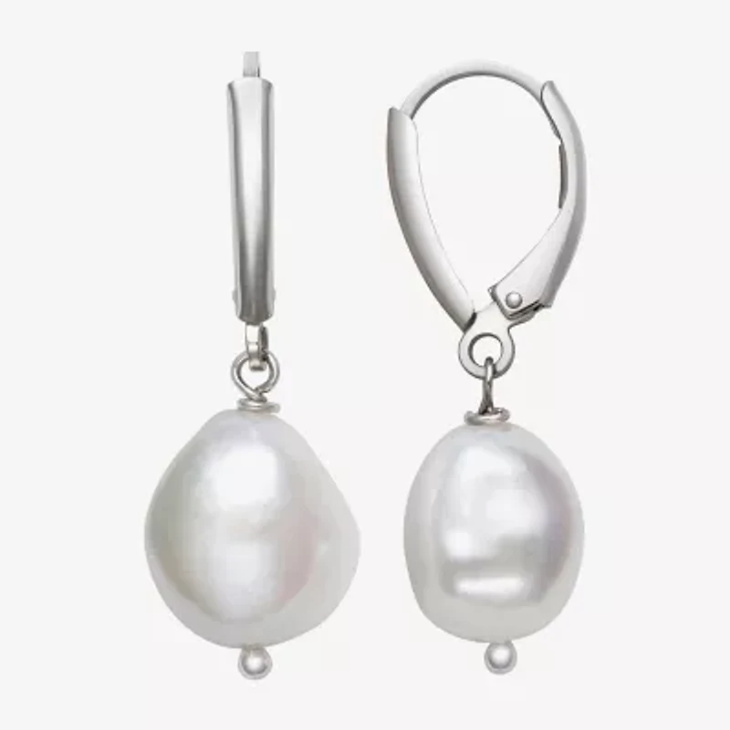 Womens Genuine White Cultured Freshwater Pearl Sterling Silver Drop Earrings