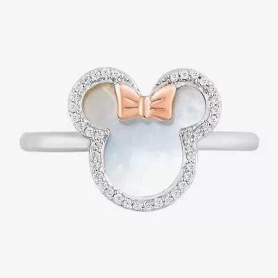 Disney Jewels Collection Womens 1/10 CT. T.W. Genuine White Mother Of Pearl 10K Rose Gold Sterling Silver Bow Minnie Mouse Cocktail Ring