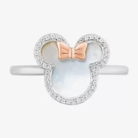 Disney Jewels Collection Womens 1/10 CT. T.W. Genuine White Mother Of Pearl 10K Rose Gold Sterling Silver Bow Minnie Mouse Cocktail Ring