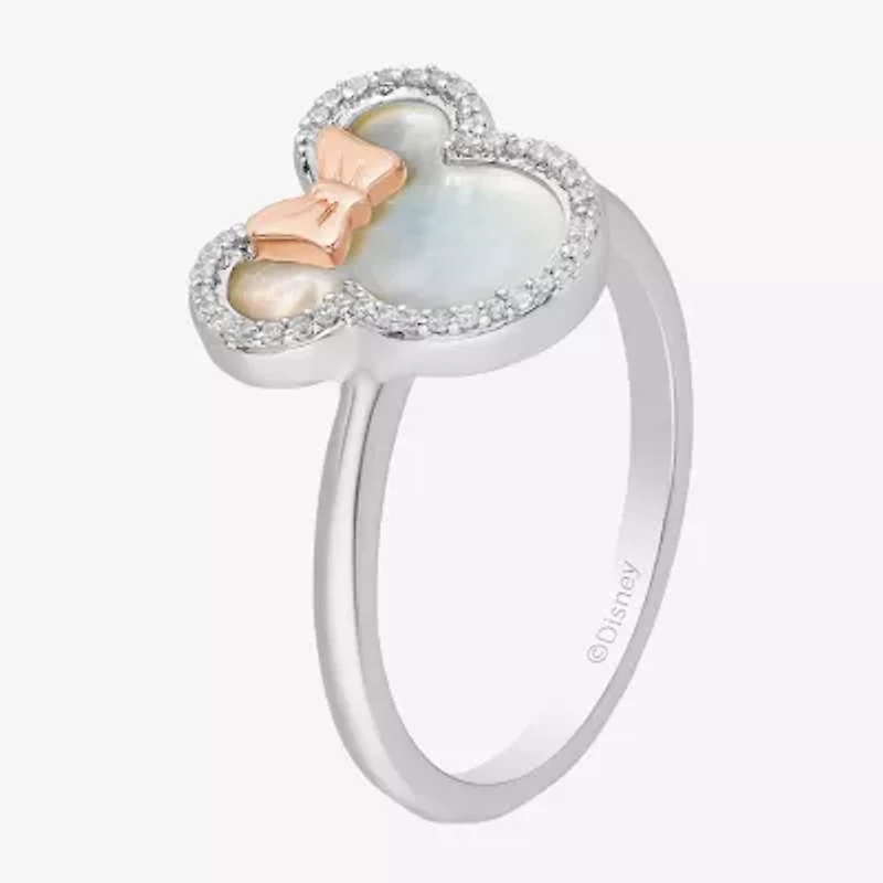 Disney Jewels Collection Womens 1/10 CT. T.W. Genuine White Mother Of Pearl 10K Rose Gold Sterling Silver Bow Minnie Mouse Cocktail Ring