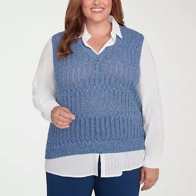 Alfred Dunner Lake Victoria Womens Long Sleeve Layered Sweater Plus