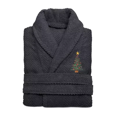 Linum Home Textiles Embroidered Christmas Tree Herringbone Bathrobe Unisex Adult Long Sleeve Length Robe