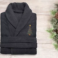 Linum Home Textiles Embroidered Christmas Tree Herringbone Bathrobe Unisex Adult Long Sleeve Length Robe