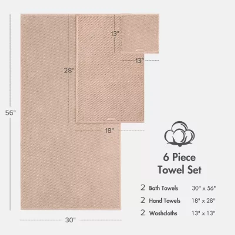 Madison Park Diagonal Ribbed 500gsm Cotton Zero Twist Quick Dry 6-pc. Bath Towel Set