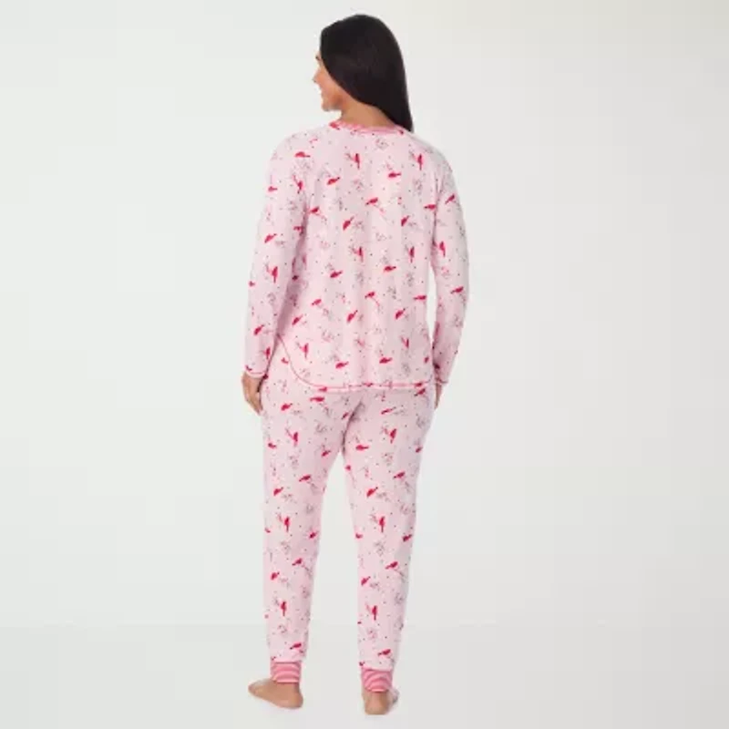 Cuddl Duds Womens Round Neck Long Sleeve 2-pc. Plus Pajama Sets