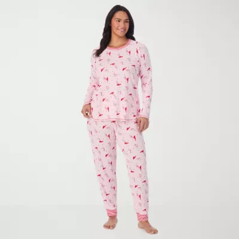 Cuddl Duds Womens Round Neck Long Sleeve 2-pc. Plus Pajama Sets