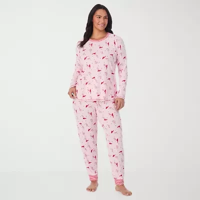 Cuddl Duds Womens Round Neck Long Sleeve 2-pc. Plus Pajama Sets