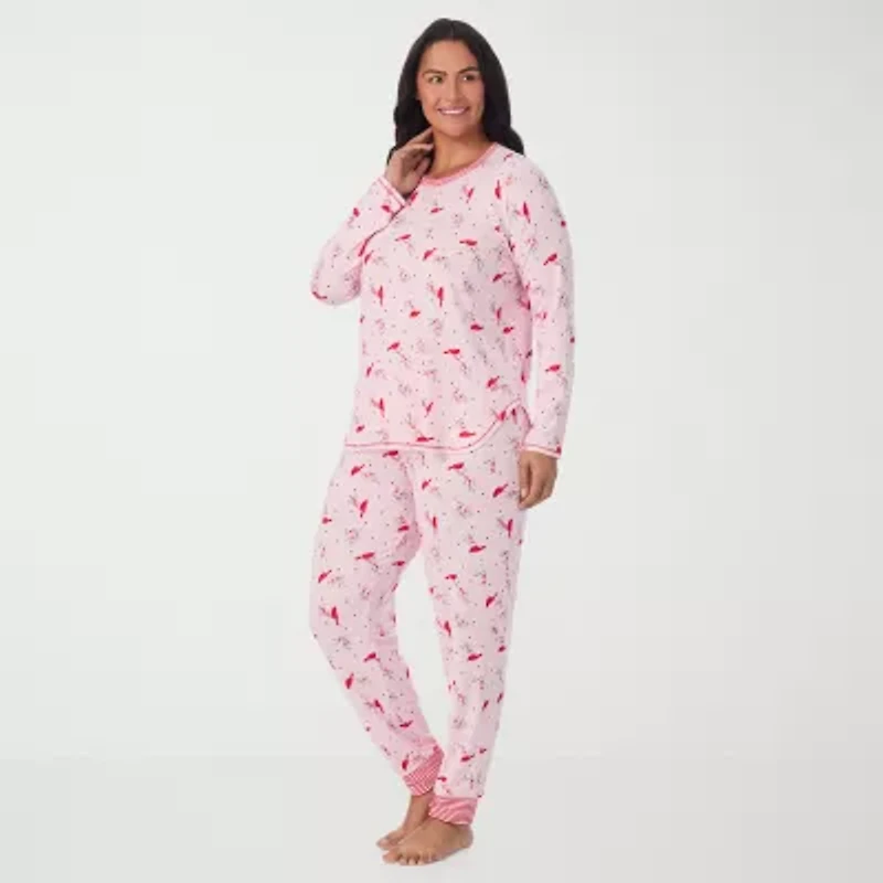 Cuddl Duds Womens Round Neck Long Sleeve 2-pc. Plus Pajama Sets