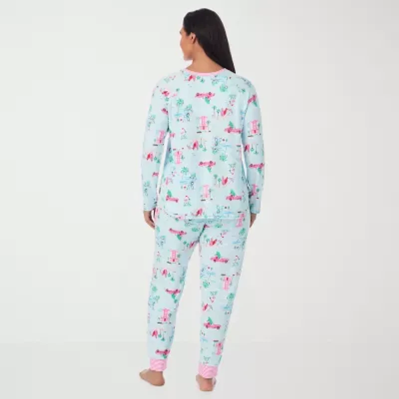 Cuddl Duds Womens Round Neck Long Sleeve 2-pc. Plus Pajama Sets