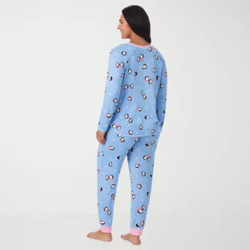 Cuddl Duds Womens Round Neck Long Sleeve 2-pc. Plus Pajama Sets