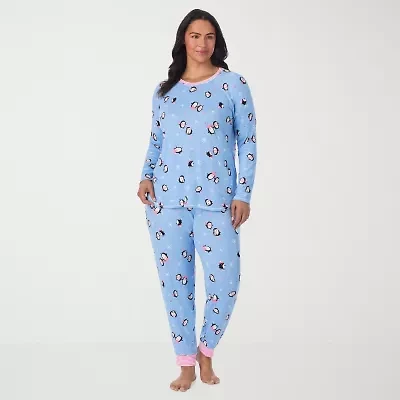 Cuddl Duds Womens Round Neck Long Sleeve 2-pc. Plus Pajama Sets