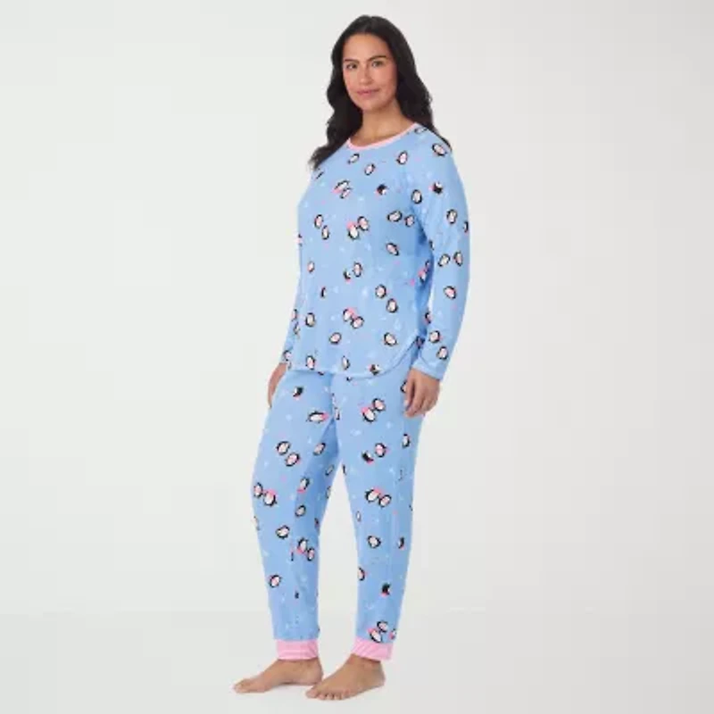 Cuddl Duds Womens Round Neck Long Sleeve 2-pc. Plus Pajama Sets