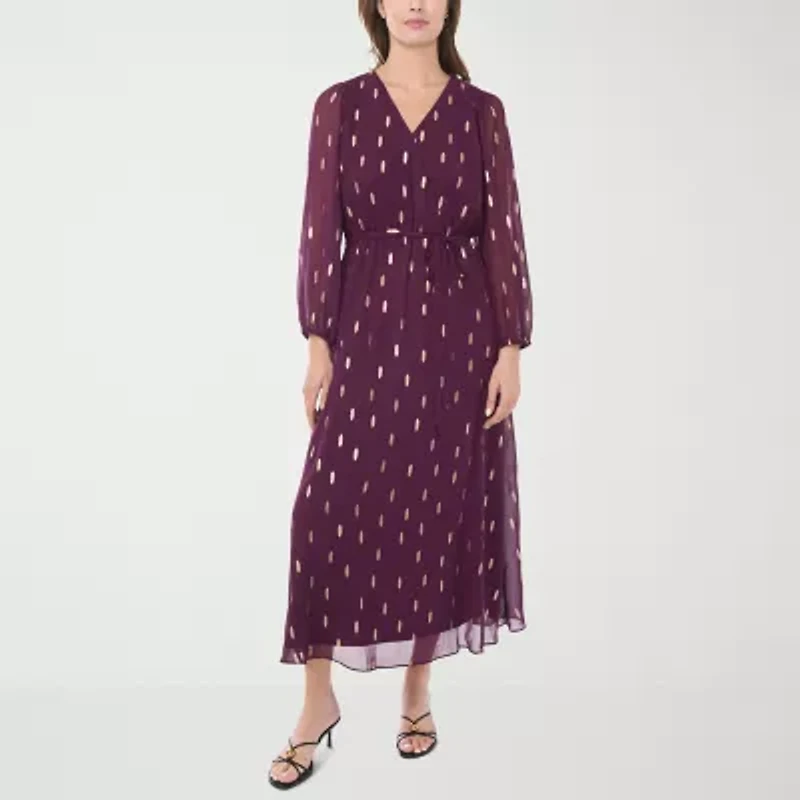 MSK Womens Long Sleeve Dots Maxi Dress