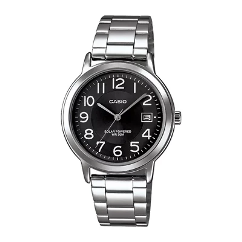Casio® Mens Black Dial Stainless Steel Solar Watch MTPS100D-1BV