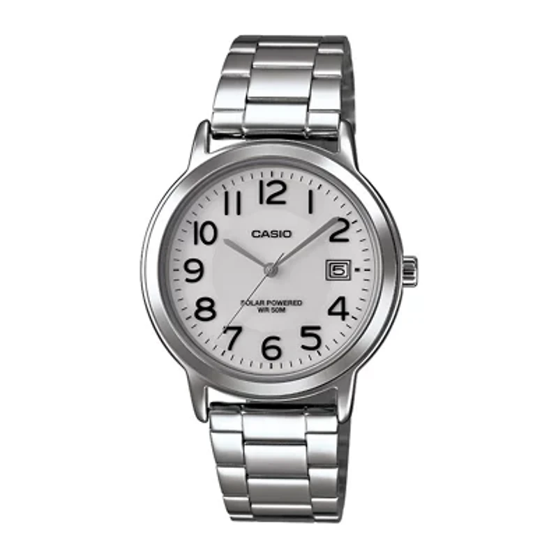 Casio® Mens White Dial Stainless Steel Solar Watch MTPS100D-7BV