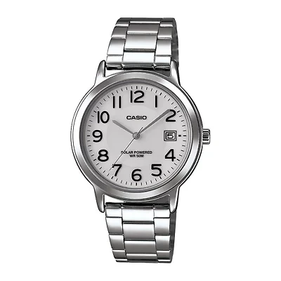 Casio® Mens White Dial Stainless Steel Solar Watch MTPS100D-7BV
