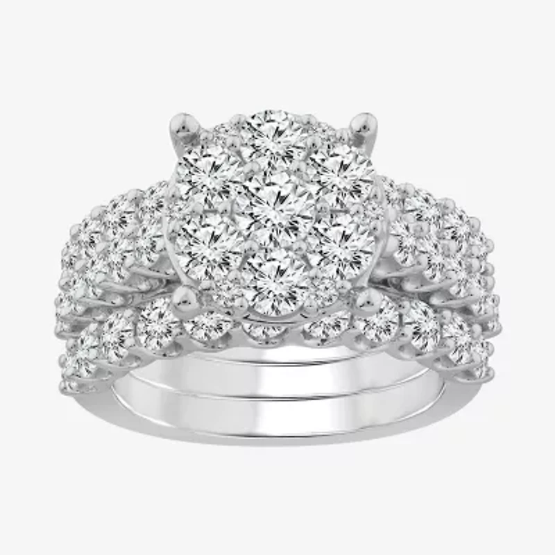 Round 4 CT.T.W. Natural Diamond Side Stone Bridal Set in 10K or 14K White Gold
