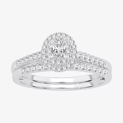 Oval 1/2 CT.T.W. Natural Diamond Side Stone Halo Bridal Set 10K or 14K White Gold
