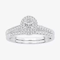 Oval 1/2 CT.T.W. Natural Diamond Side Stone Halo Bridal Set 10K or 14K White Gold