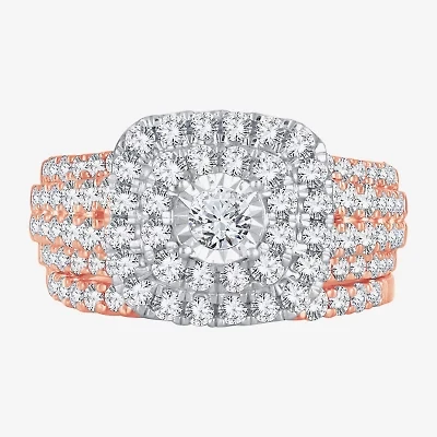 Womens 2 CT. T.W. Natural White Diamond 10K Rose Gold Cushion Halo Bridal Set