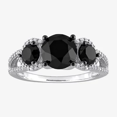 Midnight Black Womens 3 CT. T.W. Natural Black Diamond 10K White Gold Round Side Stone 3-Stone Engagement Ring