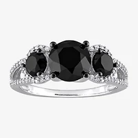 Midnight Black Womens 3 CT. T.W. Natural Black Diamond 10K White Gold Round Side Stone 3-Stone Engagement Ring