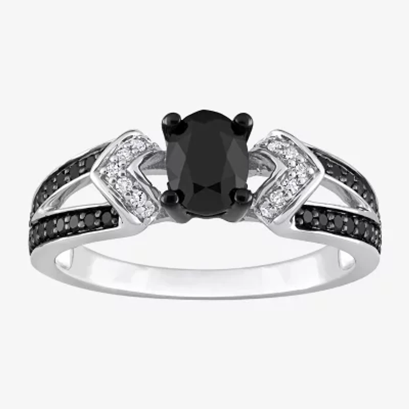 Midnight Black Womens 1 CT. T.W. Natural Black Diamond Sterling Silver Oval Engagement Ring