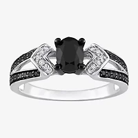 Midnight Black Womens 1 CT. T.W. Natural Black Diamond Sterling Silver Oval Engagement Ring