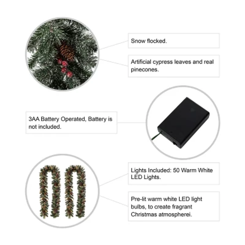 Glitzhome Glittered Pine Cone Pre-Lit Indoor Christmas Garland