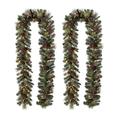 Glitzhome Glittered Pine Cone Pre-Lit Indoor Christmas Garland