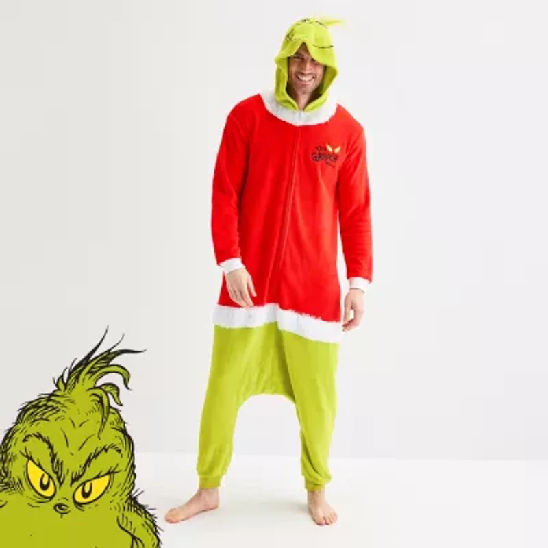 Santa Mens Dr. Seuss Grinch Fleece Hooded Long Sleeve Matching Family One Piece Pajama
