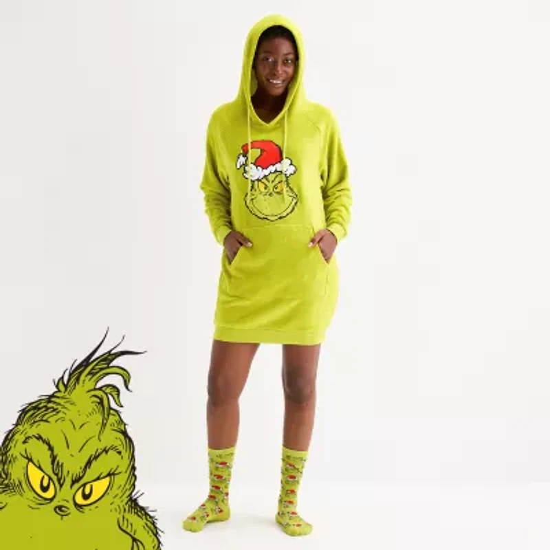 Womens Dr. Seuss Grinch Fleece Hooded Long Sleeve Matching Family Nightgown