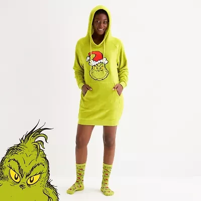 Womens Dr. Seuss Grinch Fleece Hooded Long Sleeve Matching Family Nightgown