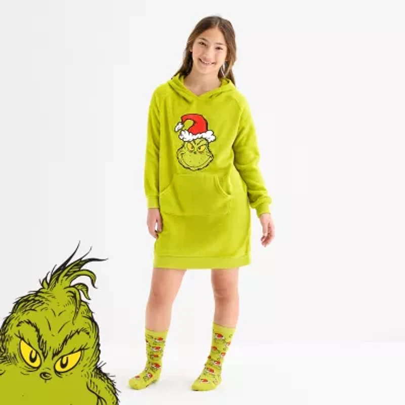 Little & Big Kid Girls Dr. Seuss Grinch Fleece Hooded Long Sleeve Matching Family Nightgown