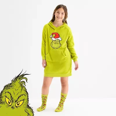 Little & Big Kid Girls Dr. Seuss Grinch Fleece Hooded Long Sleeve Matching Family Nightgown