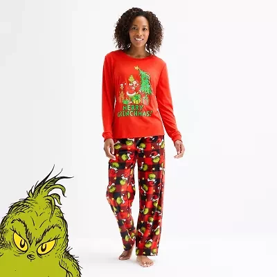 Womens Dr. Seuss Grinch Microfleece Crew Neck Long Sleeve 2-pc. Matching Family Plus Pajama Sets
