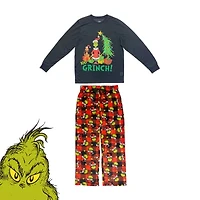 Mens Dr. Seuss Grinch Microfleece Crew Neck Long Sleeve 2-pc. Matching Family Big Pajama Sets