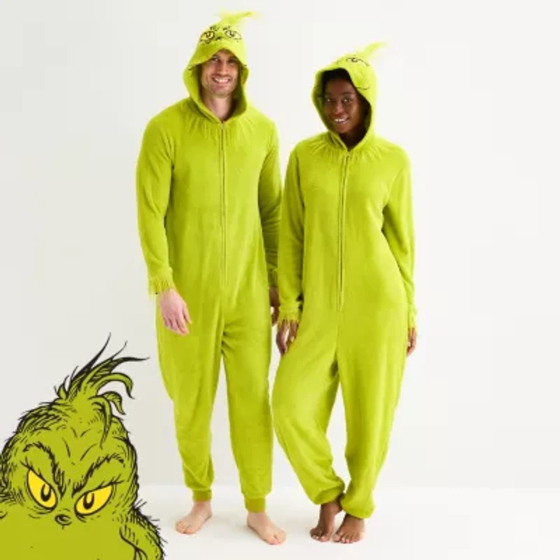 Unisex Adult Dr. Seuss Grinch Fleece Hooded Long Sleeve Matching Family One Piece Pajama