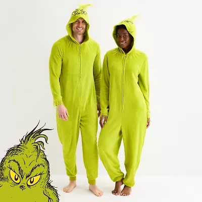 Unisex Adult Dr. Seuss Grinch Fleece Hooded Long Sleeve Matching Family One Piece Pajama