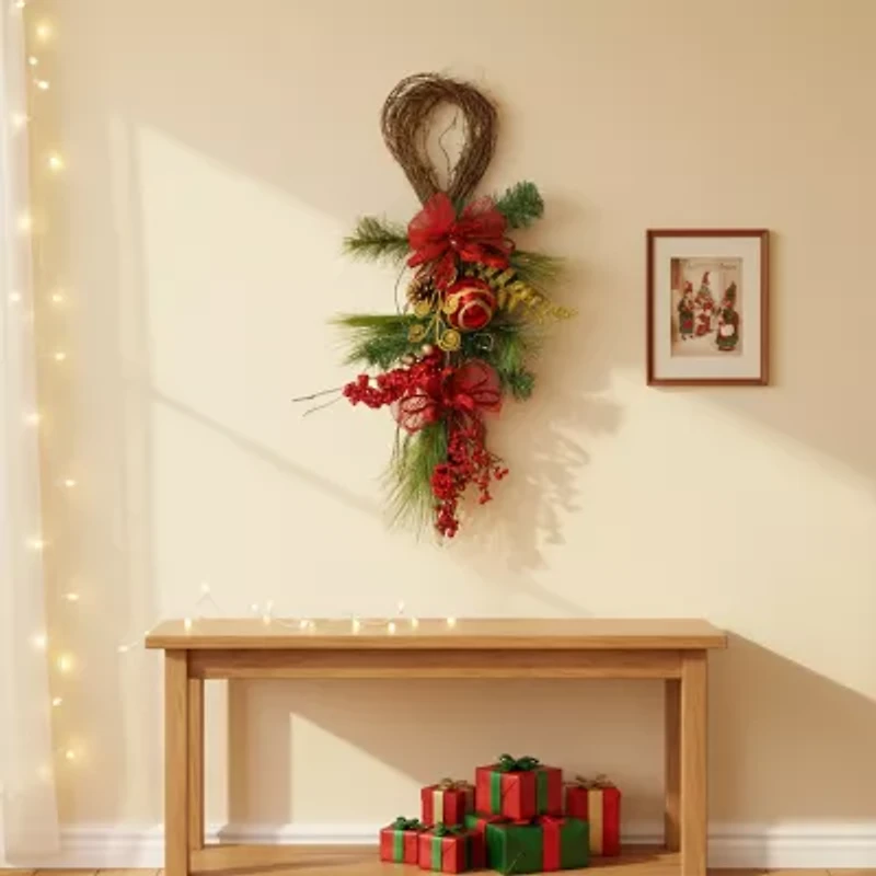 26'' Long Needle Pine and Berry Artificial Christmas Teardrop Swag  Unlit