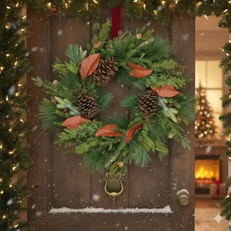 Mixed Pine with Red Leaves and Pine Cones Artificial Christmas Wreath - 26-Inch  Unlit