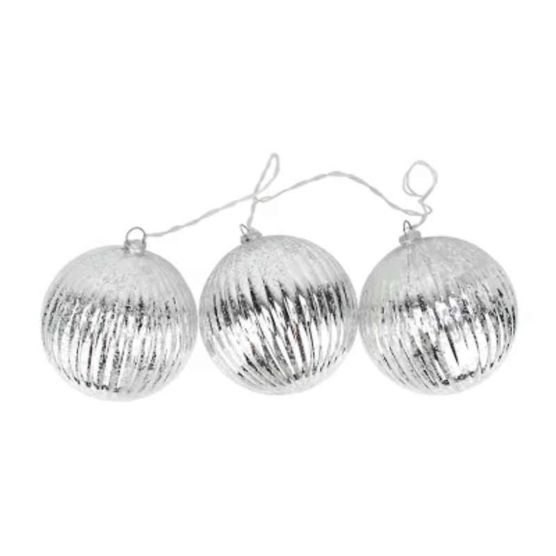 Set of 3 Lighted Silver Mercury Glass Finish Ribbed Ball Christmas Ornaments - Clear Lights