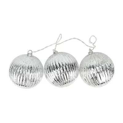 Set of 3 Lighted Silver Mercury Glass Finish Ribbed Ball Christmas Ornaments - Clear Lights