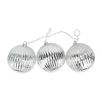 Set of 3 Lighted Silver Mercury Glass Finish Ribbed Ball Christmas Ornaments - Clear Lights