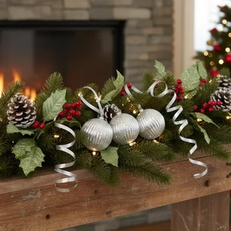 Set of 3 Lighted Silver Mercury Glass Finish Ribbed Ball Christmas Ornaments - Clear Lights