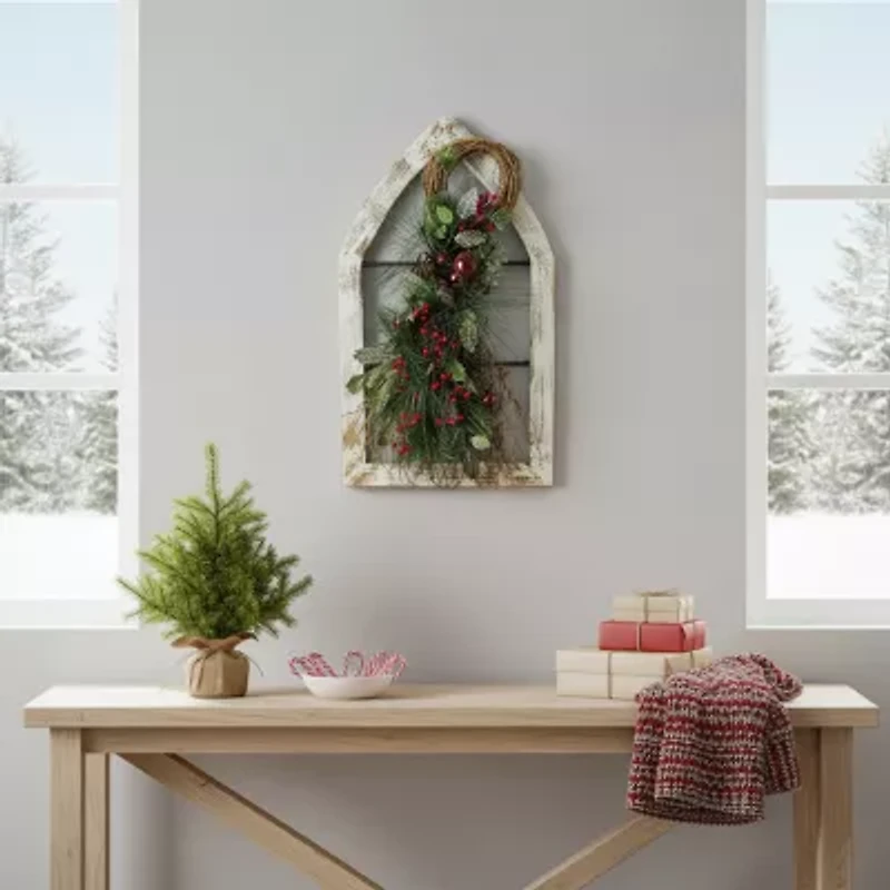 29.5'' White Window Frame with Mixed Pine and Berry Swag Christmas Wall Decoration