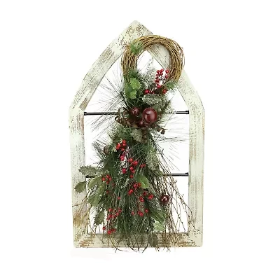 29.5'' White Window Frame with Mixed Pine and Berry Swag Christmas Wall Decoration
