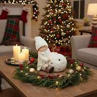 12.5'' White Christmas Snowball with Sitting Boy Tealight Candle Holder